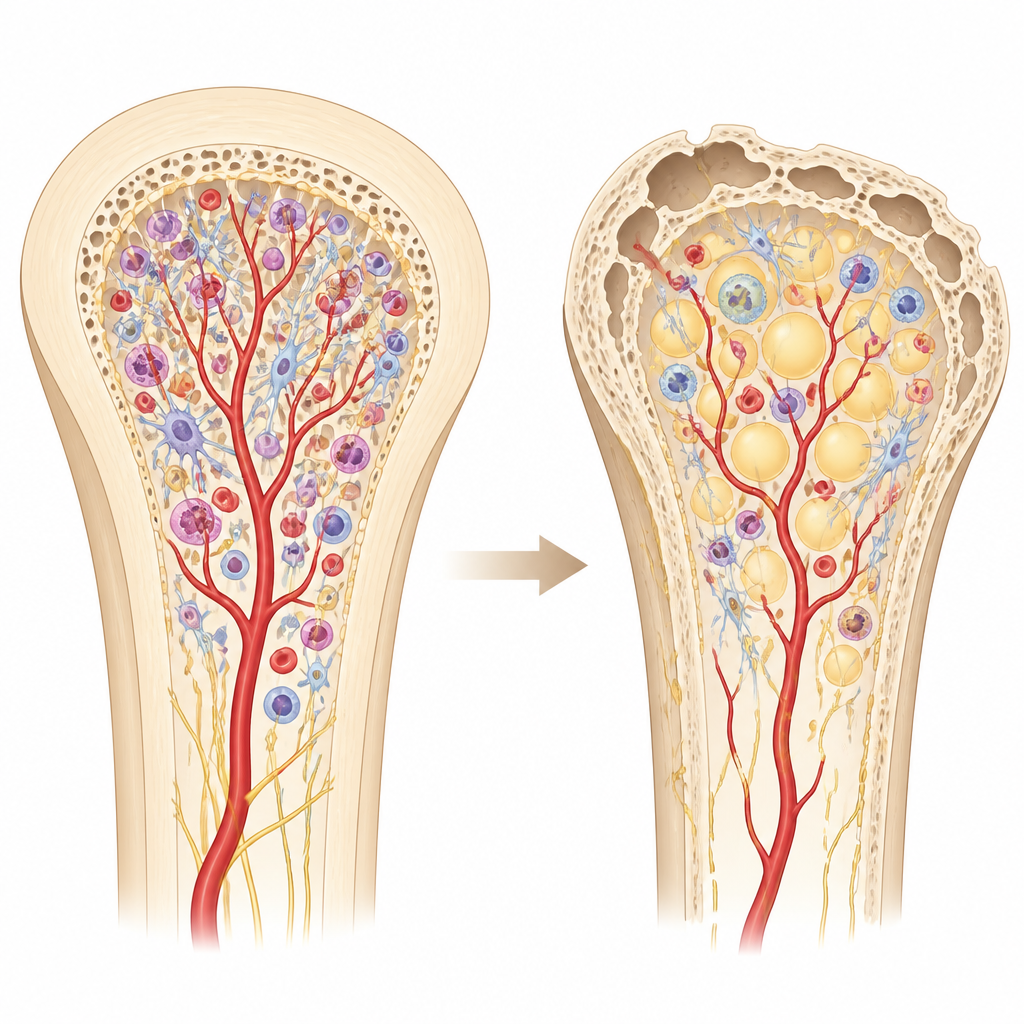 Figure 1. How the bone marrow environment shifts from healthy support to dysfunction as bones and blood age together.