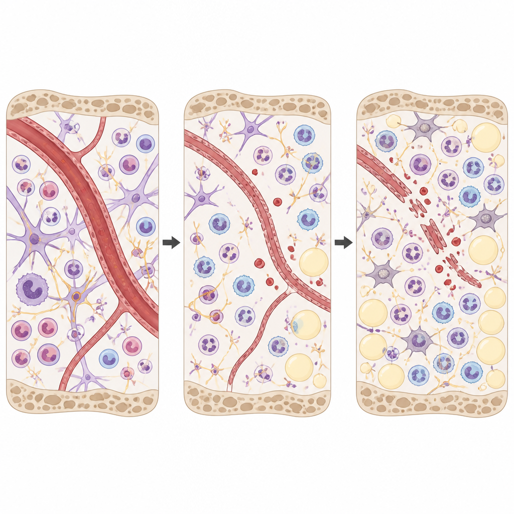 Figure 2. Stepwise changes in tiny marrow vessels and support cells that drive blood imbalance and cancer-friendly conditions.