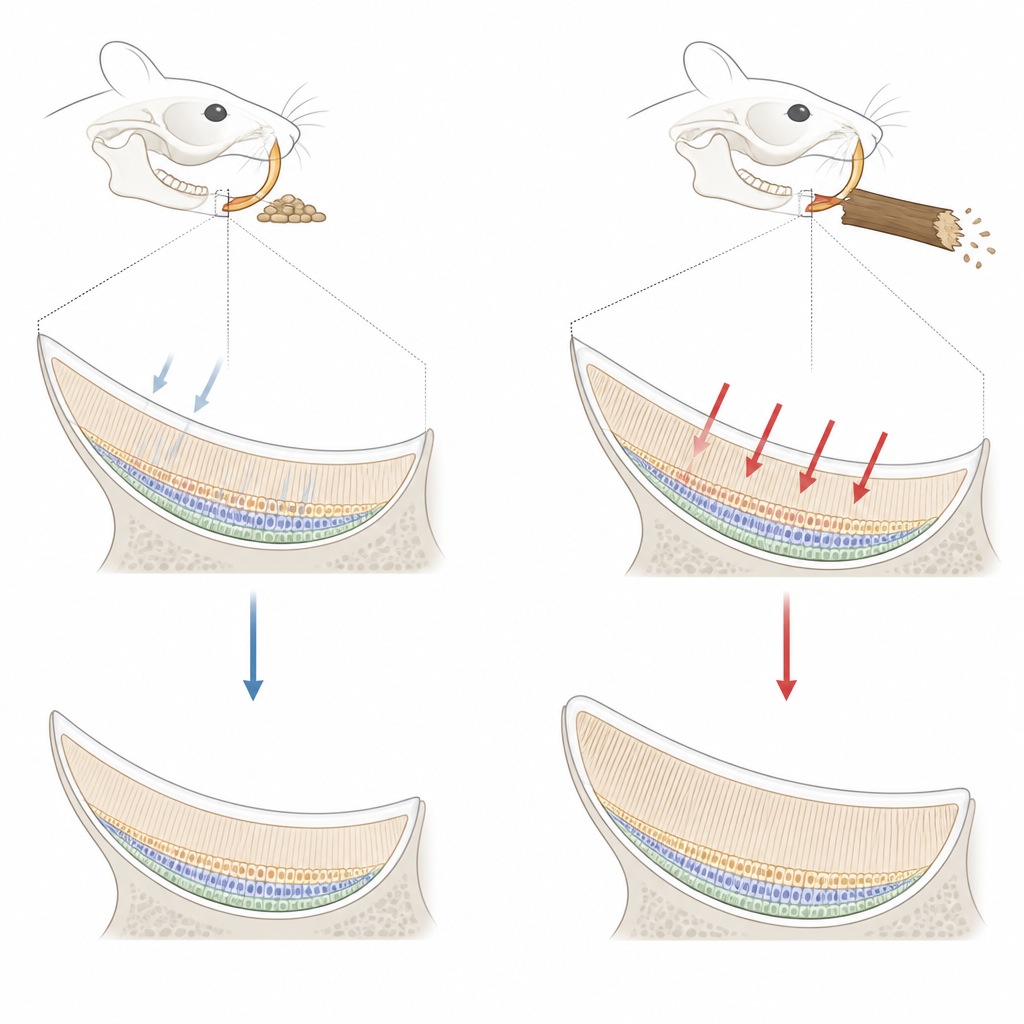 Figure 1. Wie ein ständig wachsender Mauszahn Kaubelastungen mit interner Reparatur ausgleicht, um im Laufe der Zeit gesund zu bleiben.