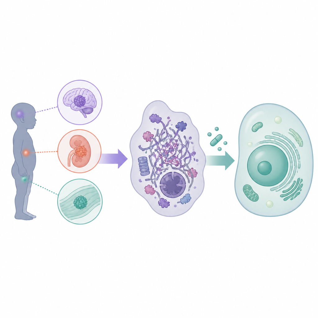 Figure 1. Cómo los raros tumores rabdoides infantiles y los fármacos dirigidos se conectan para mejorar los resultados en pacientes jóvenes.