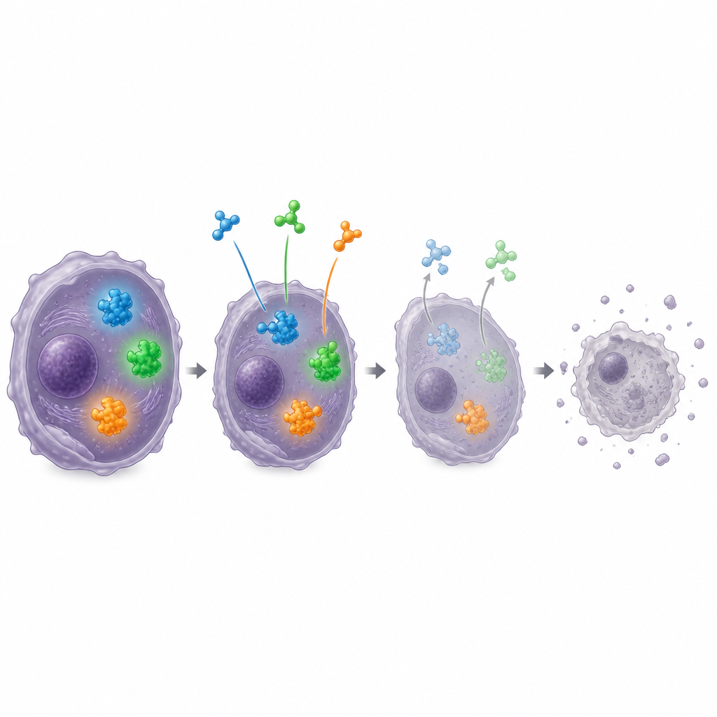 Figure 2. Visión paso a paso de fármacos dirigidos atacando puntos débiles dentro de una célula tumoral rabdoide hasta que la célula cancerosa se desintegra.