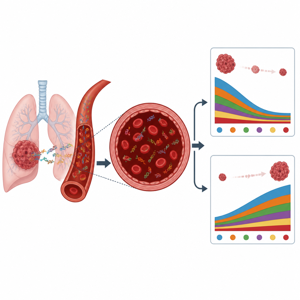 Figure 2. How DNA fragments from lung tumors in blood drop with response and rise early to signal small-cell lung cancer relapse.