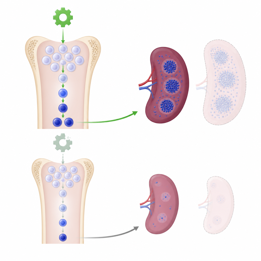 Figure 1. Wie der Verlust eines einzelnen Zellregulators das Wachstum von B-Zellen stoppt und die Immunabwehr vom Knochenmark bis zur Milz schwächt.