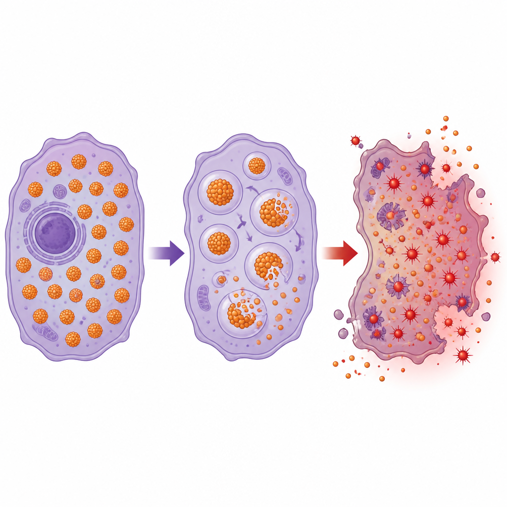 Figure 2. Breaking open ferritin vaults floods brain cancer cells with iron that reacts and destroys them from within.