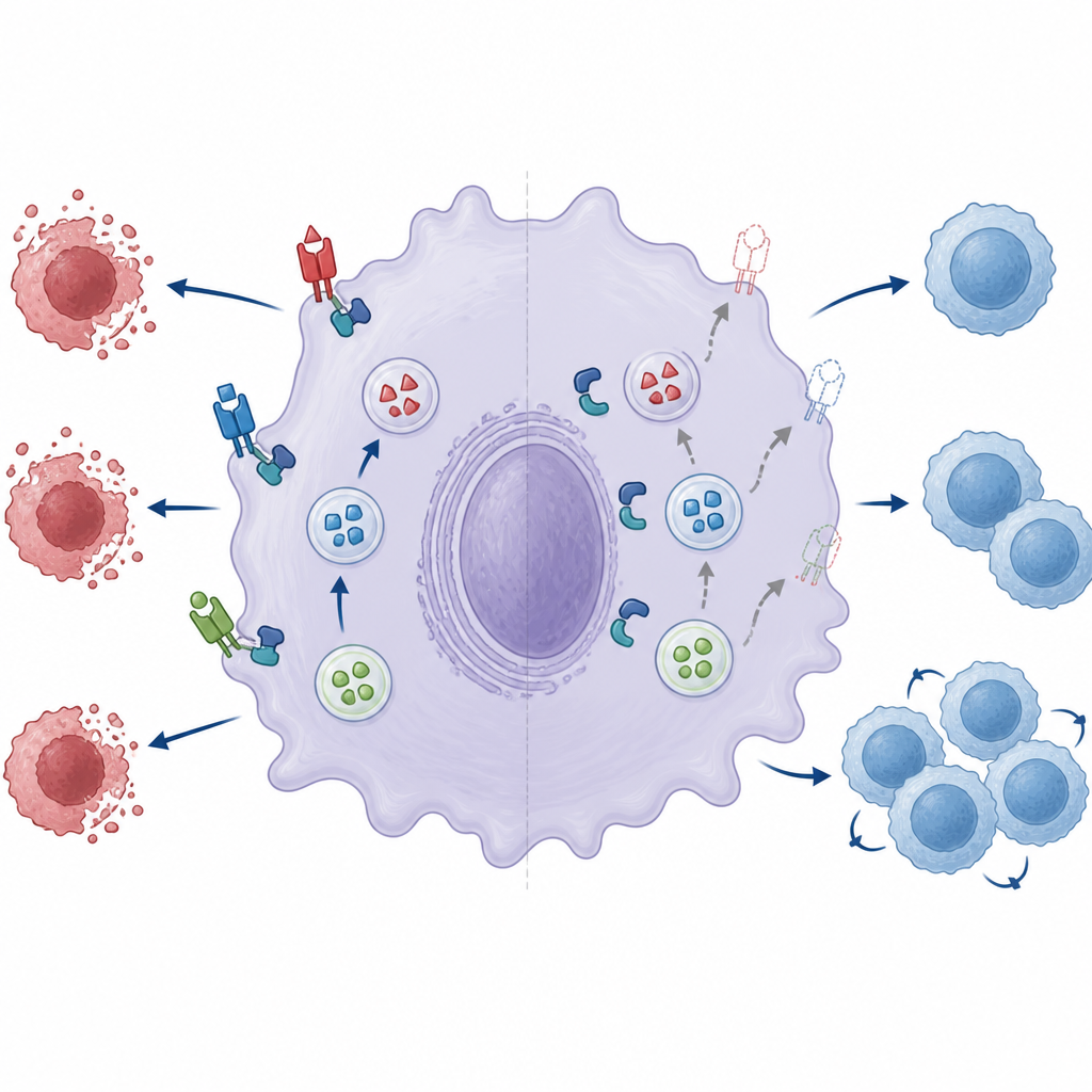 Figure 2. Hoe gebrekkige interne vrachtbezorging in macrofagen voorkomt dat een doodsignaal overactieve T‑cellen bereikt.