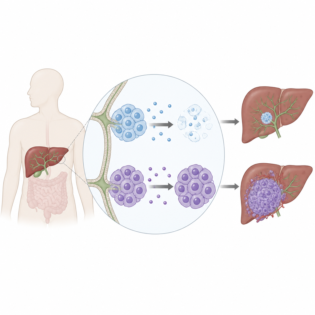 Figure 1. Cómo los tumores de los conductos biliares hepáticos se vuelven resistentes a un fármaco dirigido y continúan creciendo a pesar del tratamiento.
