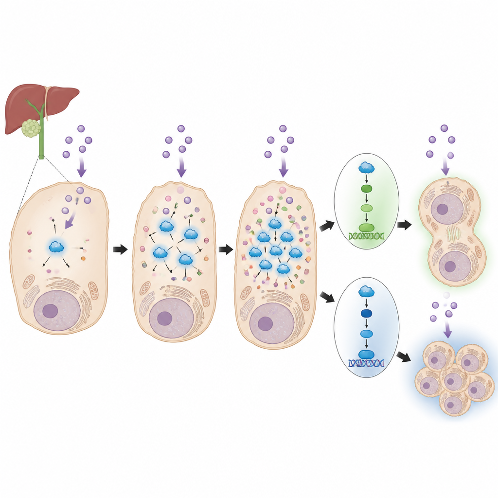 Figure 2. Dentro de una célula de cáncer de conducto biliar, el aumento de ARRB2 redirige las señales de crecimiento para que la célula sobreviva al tratamiento dirigido.