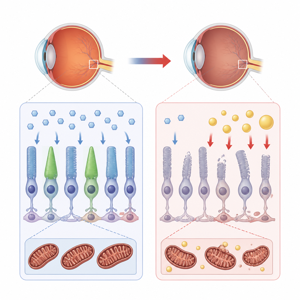 Figure 1. Loss of a retinal helper protein forces cells to burn fat instead of sugar, slowly damaging the eye’s light-sensing layer.