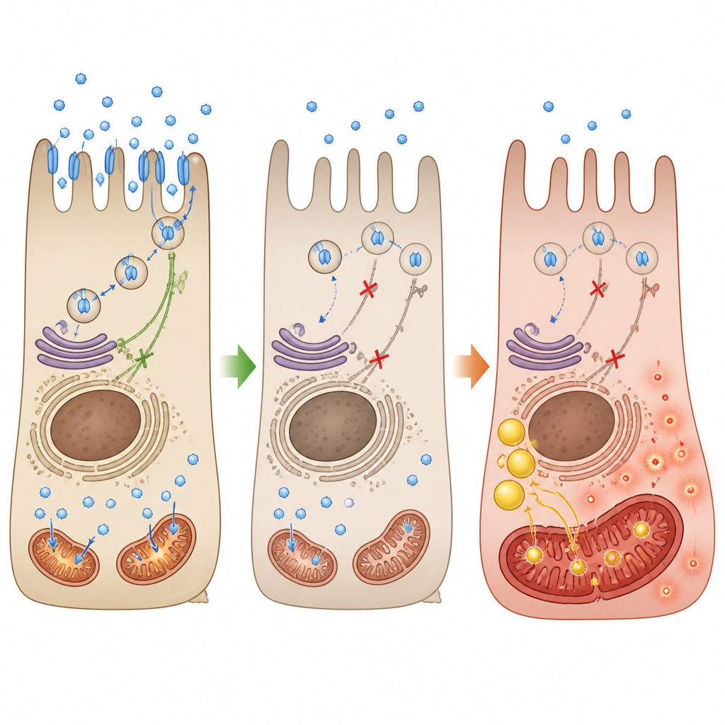 Figure 2. Blocking sugar transporters in retinal cells makes mitochondria switch to fat burning, boosting stress until hormone treatment restores balance.