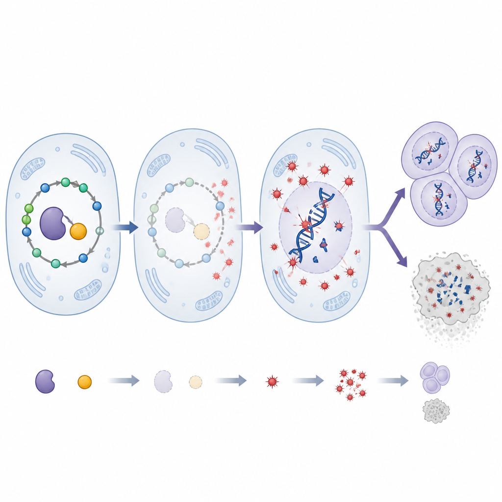Figure 2. In een tumorcel veroorzaakt het verlies van een enzym en zijn vitamine schadelijke moleculen die DNA breken en de overleving van cellen veranderen.
