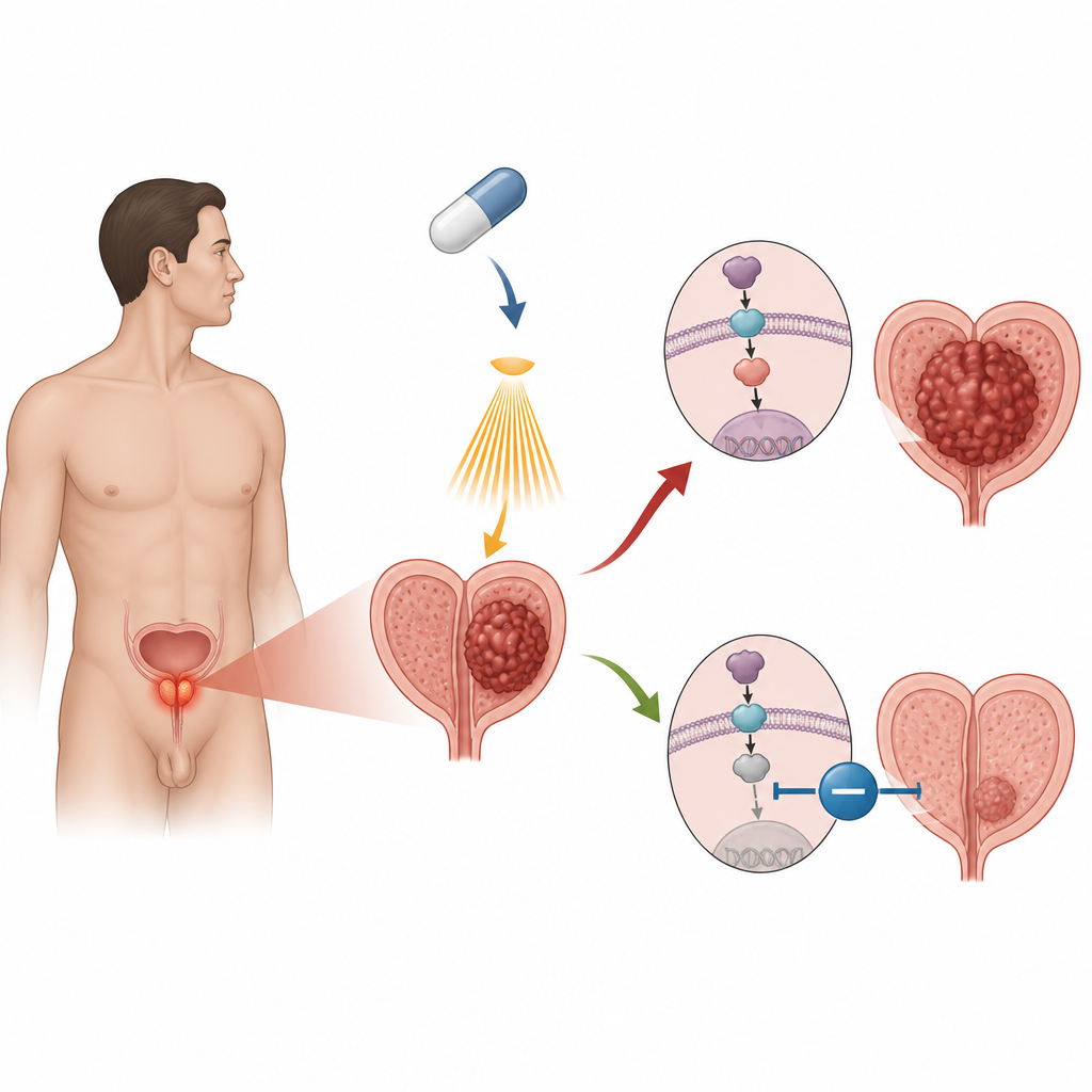 Figure 1. How adding a targeted blocker could help hormone pills and radiation work better against prostate cancer.