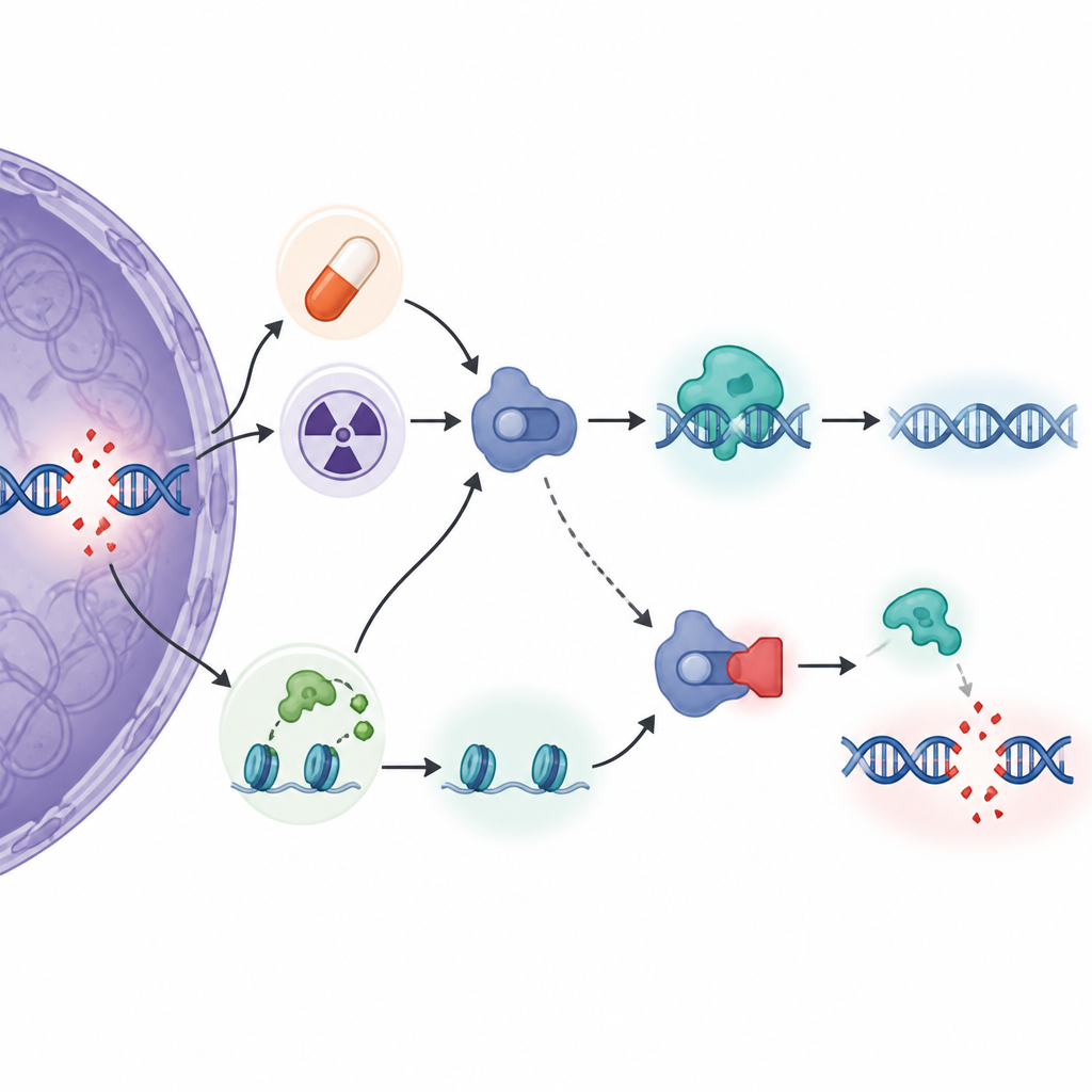 Figure 2. Inside a prostate cancer cell, a blocker shuts down a repair switch so radiation damage remains and the tumor cell dies.