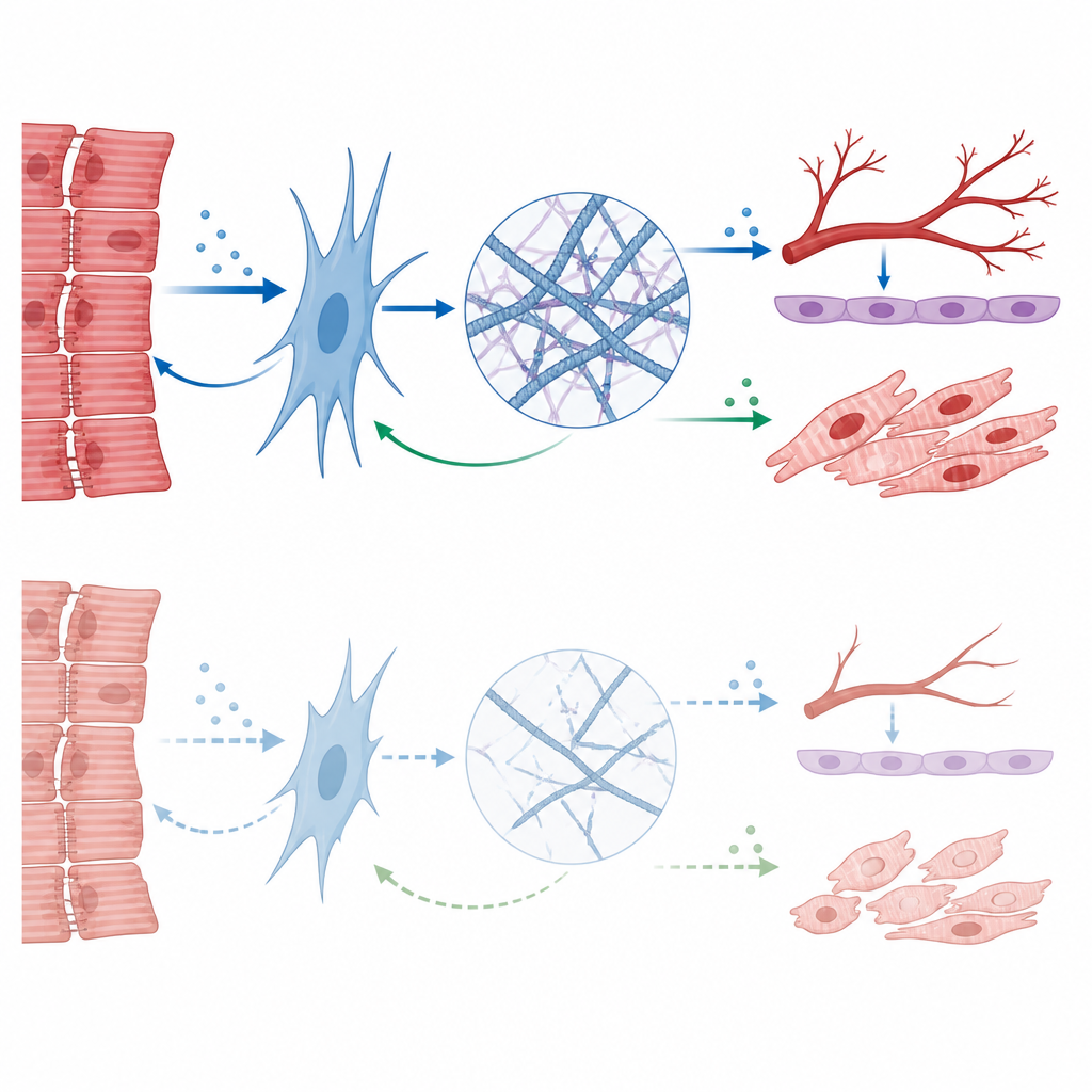 Figure 2. Come il comportamento alterato dei fibroblasti indebolisce la matrice cardiaca, la crescita dei vasi e la maturazione delle cellule muscolari cardiache in assenza di Charme.