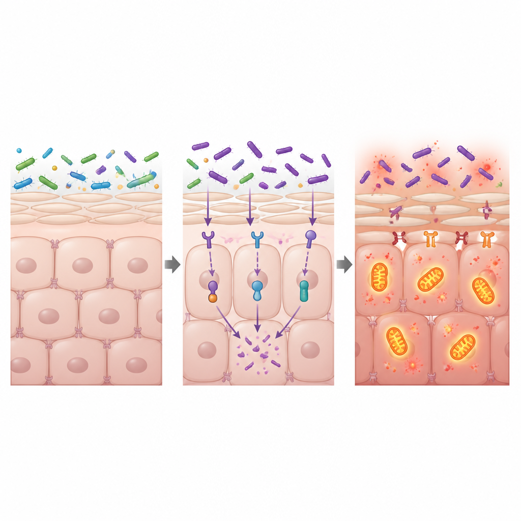Figure 2. Come i batteri cutanei alterati attivano sensori locali nelle cellule della pelle, potenziando le difese e stressando le “centrali” cellulari.