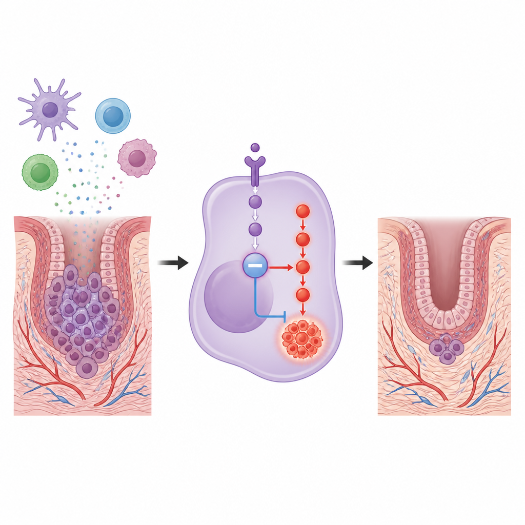 Figure 1. Come le cellule immunitarie e un freno interno modellano la crescita delle cellule del cancro esofageo.