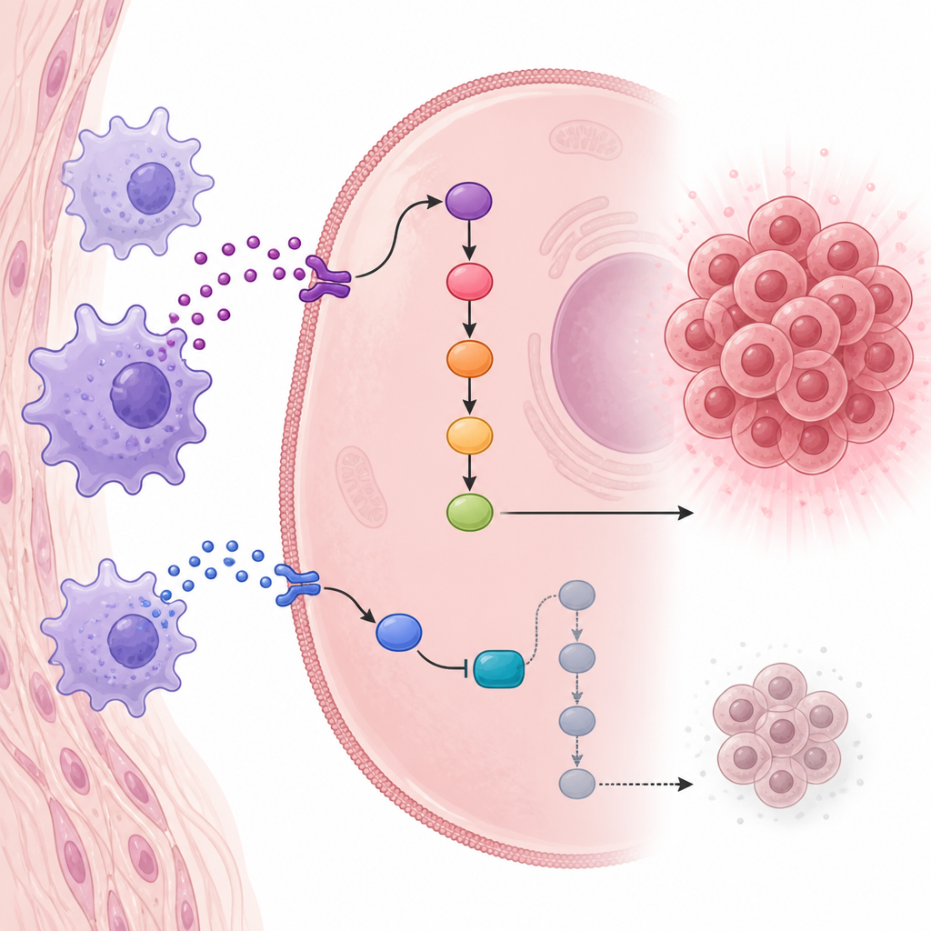 Figure 2. Come i segnali delle cellule immunitarie vicine trasformano una via cellulare da controllo equilibrato a crescita eccessiva.