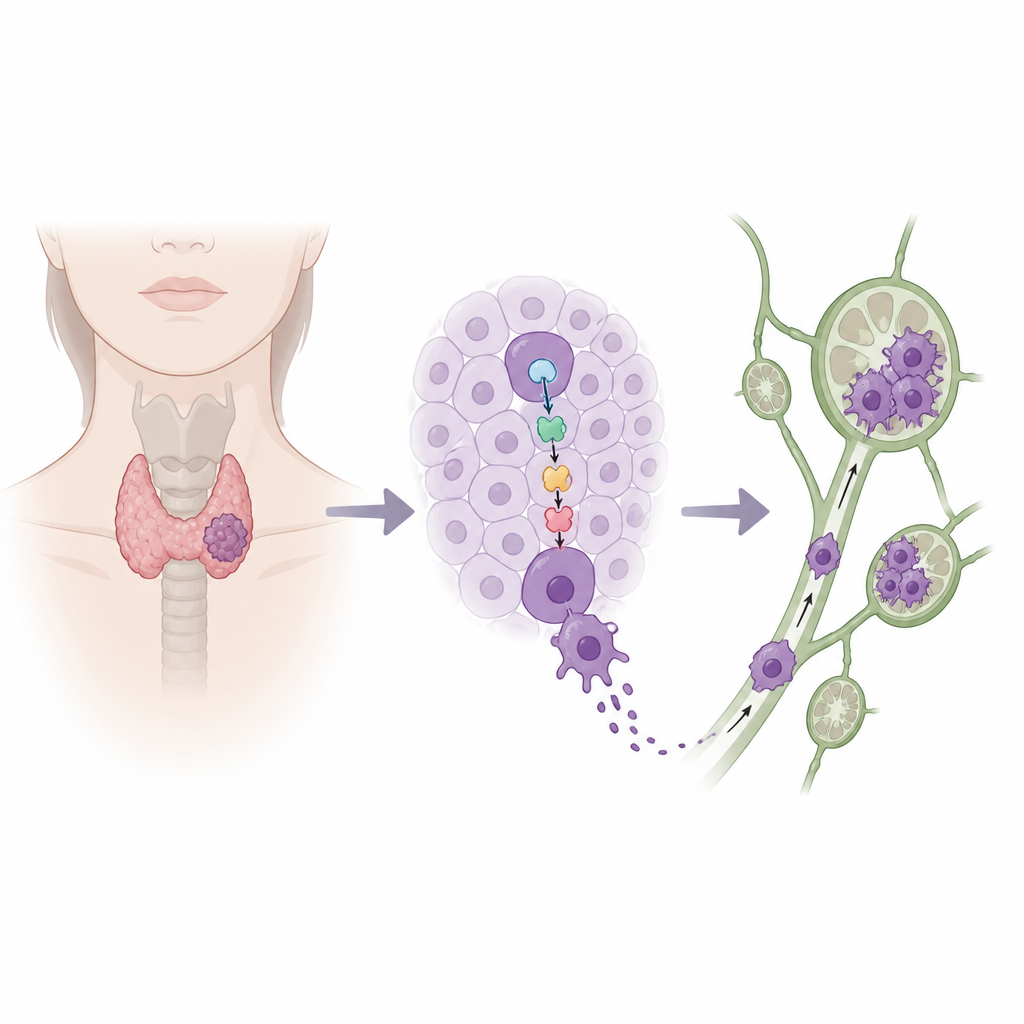 Figure 1. How changes inside thyroid tumor cells help them spread from the thyroid to nearby lymph nodes.