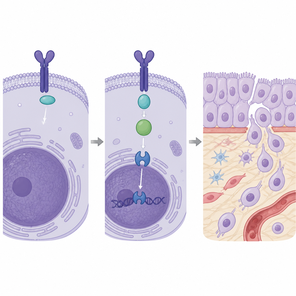 Figure 2. How a small protein chain inside a thyroid cancer cell switches on signals that let the cell loosen and move away.