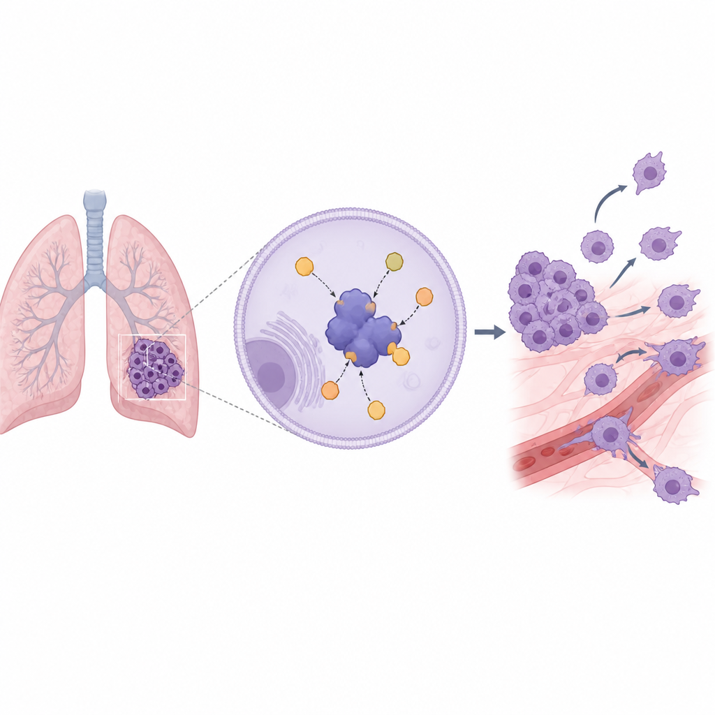 Figure 1. How a small protein switch inside lung cells helps tumors grow and spread through changes in cell structure.
