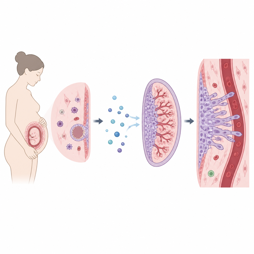 Figure 1. Plasentadaki bir büyüme sinyalinin, bebeğin destek organının sağlıklı kan akışı için rahme nasıl nüfuz etmesine yardımcı olduğu.
