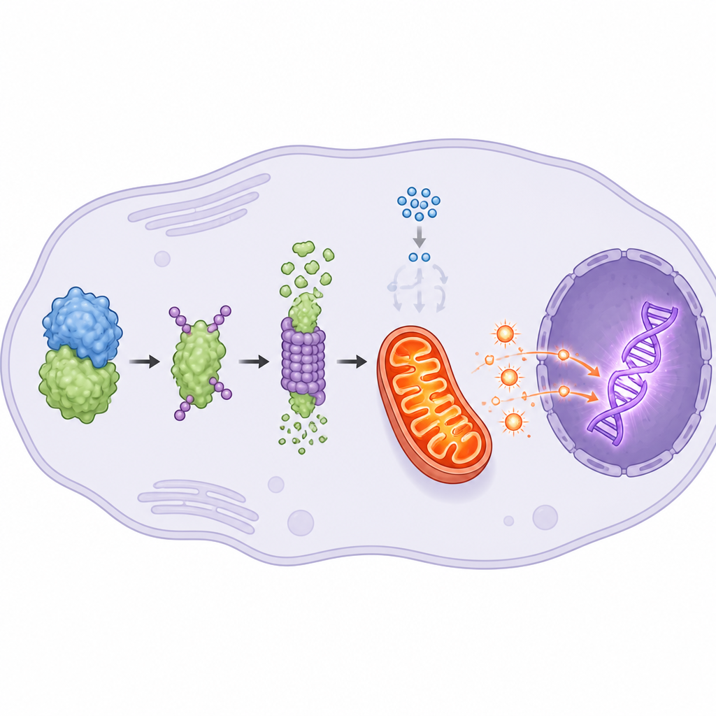 Figure 2. Inside a cancer cell, one protein shifts energy use to mitochondria, powering DNA repair that helps the cell survive radiation.