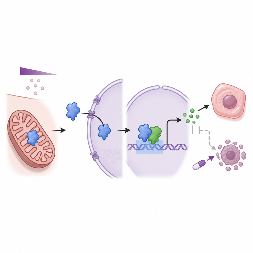 Figure 2. A protein reroutes from mitochondria to the nucleus, teams with a partner, and raises survival signals against chemotherapy.