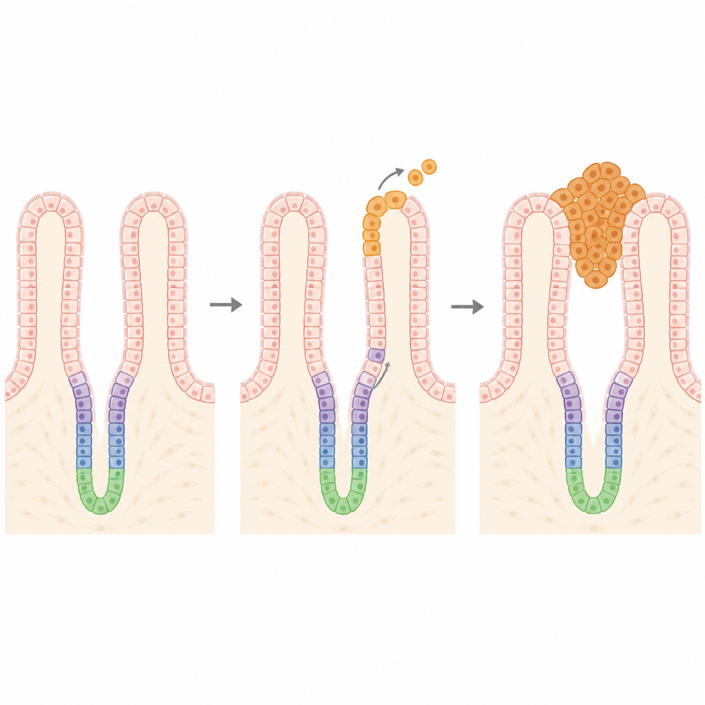 Figure 1. Come le cellule superficiali intestinali che ritornano a uno stato simile a quello staminale possano avviare e sostenere tumori dall’alto verso il basso.
