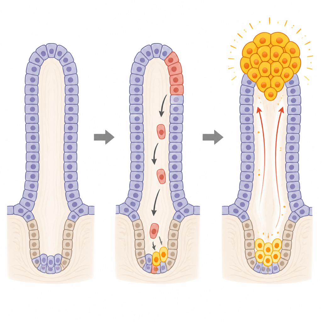 Figure 2. Visione passo dopo passo di cellule superficiali intestinali che si riavvolgono a stati simili a quelli staminali e si espandono in un grappolo tumorale.