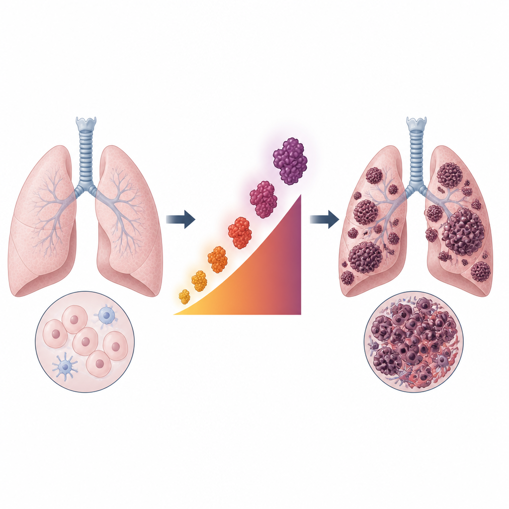 Figure 1. Livelli più alti di un marcatore proteico nelle cellule polmonari sono collegati ai tumori guidati da KRAS e a esiti clinici peggiori.