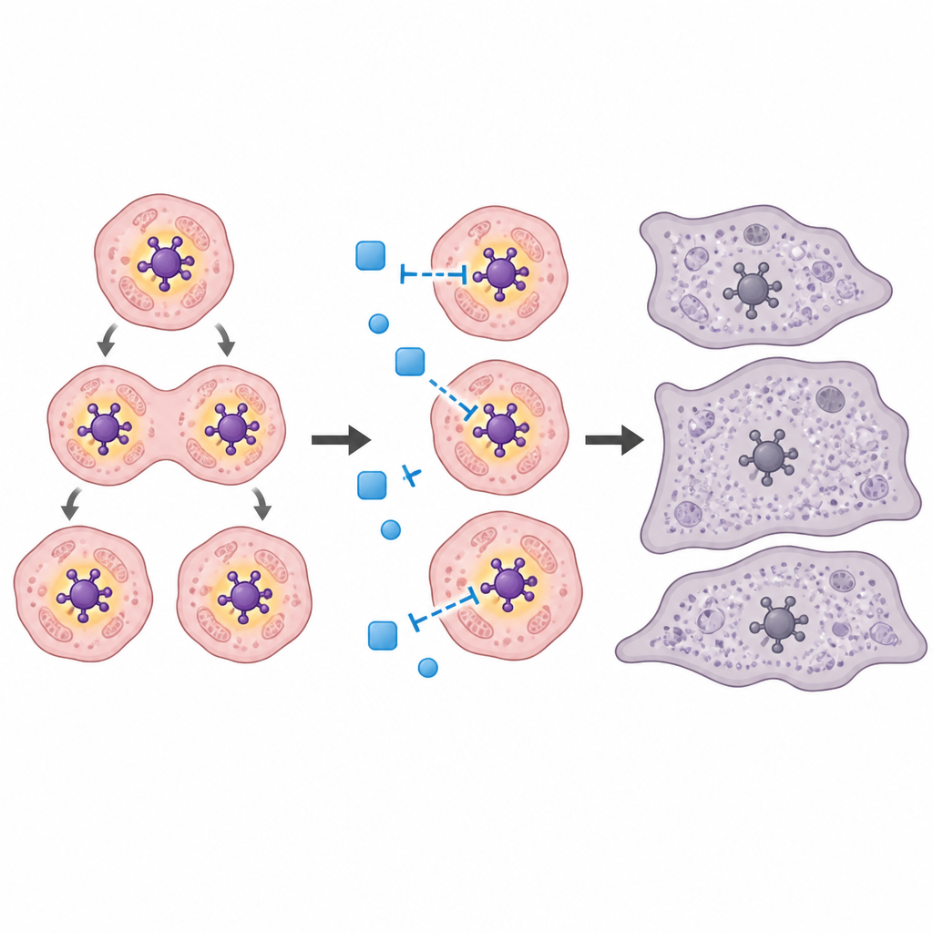 Figure 2. Bloccare un importante marcatore cellulare costringe le cellule di cancro polmonare mutate per KRAS a smettere di dividersi e a diventare cellule senescenti ingrandite.