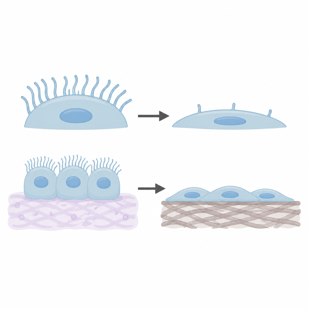 Figure 1. Cómo un entorno rígido o blando controla si las células mantienen o pierden sus diminutos cilios sensoriales.