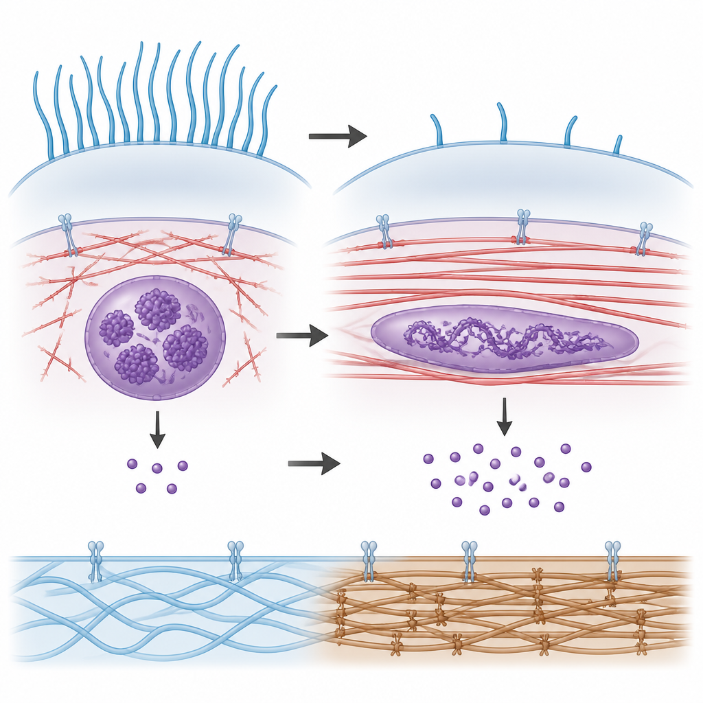 Figure 2. Cómo la tensión de las fibras internas remodela el núcleo para activar un gen que cierra los cilios en la superficie celular.