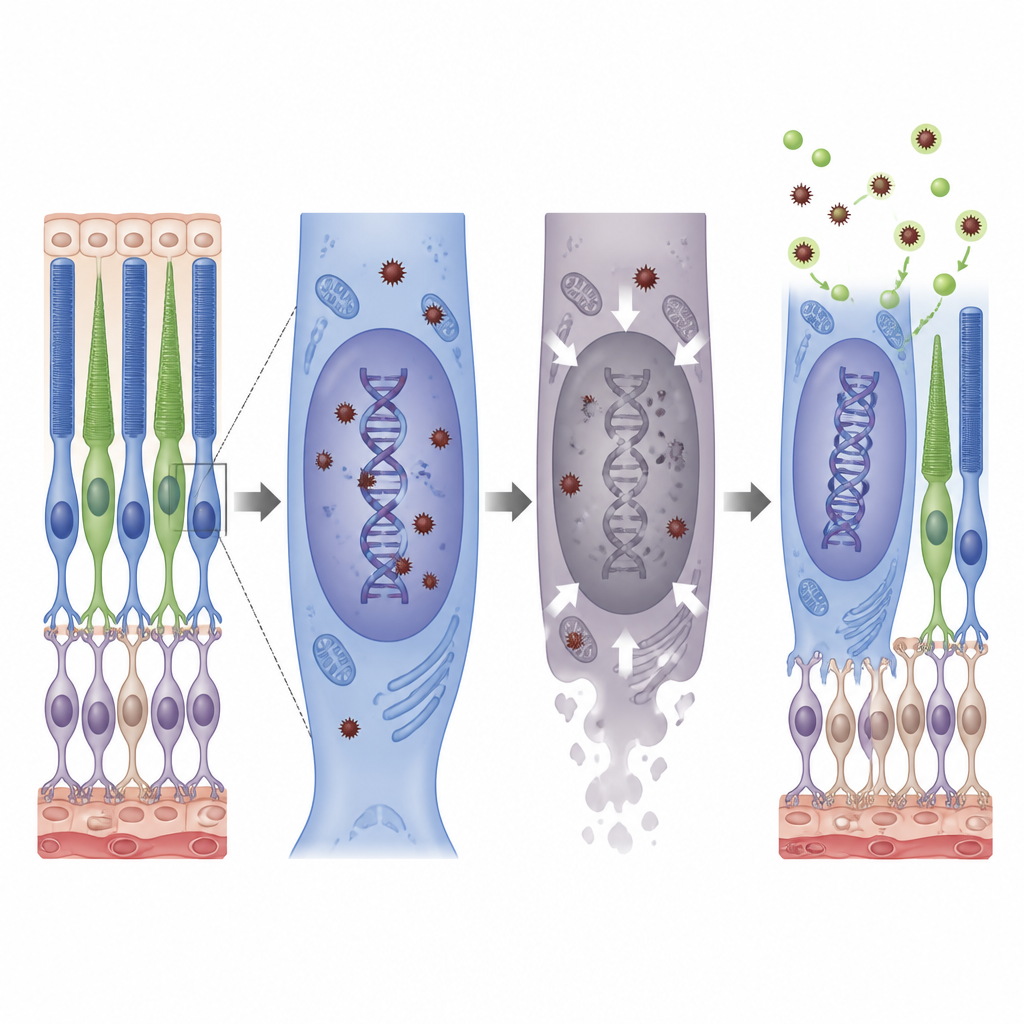 Figure 2. عرض خطوة بخطوة للجزيئات الضارة التي تُلحق الضرر بالـDNA في خلايا العين وكيف يقاطع مضاد الأكسدة هذه العملية.