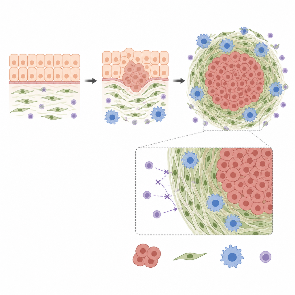 Figure 1. Come le cellule di supporto e le cellule immunitarie si alleano intorno ai tumori per bloccare l’attacco immunitario e favorire la crescita del cancro.