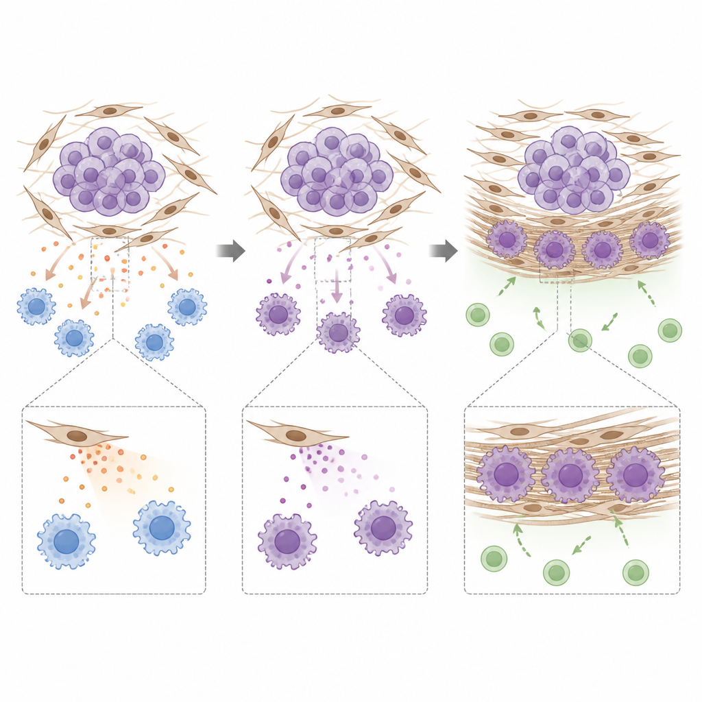 Figure 2. Segnalazione passo dopo passo tra fibroblasti e macrofagi che irrigidisce il tessuto e impedisce alle cellule T di raggiungere le cellule tumorali.
