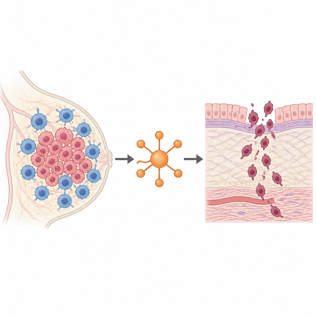 Figure 1. How immune cells and a single cancer switch team up to help triple-negative breast tumors grow and spread
