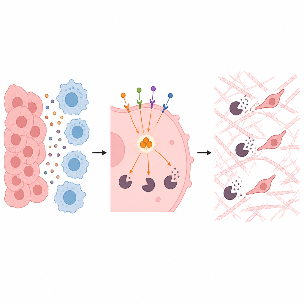 Figure 2. How signals from macrophages trigger a switch in cancer cells that cuts tissue mesh and lets tumor cells move through