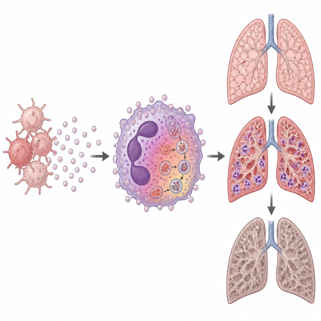 Figure 2. How tiny vesicles from platelets reprogram neutrophils and drive lung injury and scarring step by step.
