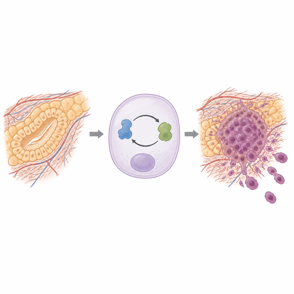 Figure 1. How a self-reinforcing signal in pancreatic cells turns healthy tissue into invasive cancer.