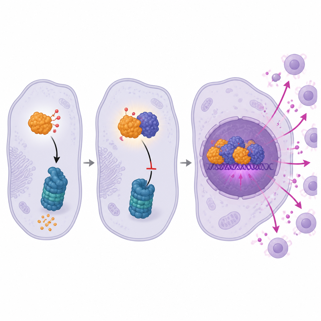 Figure 2. How one protein protects another from breakdown so both flood the nucleus and boost cancer-driving signals.