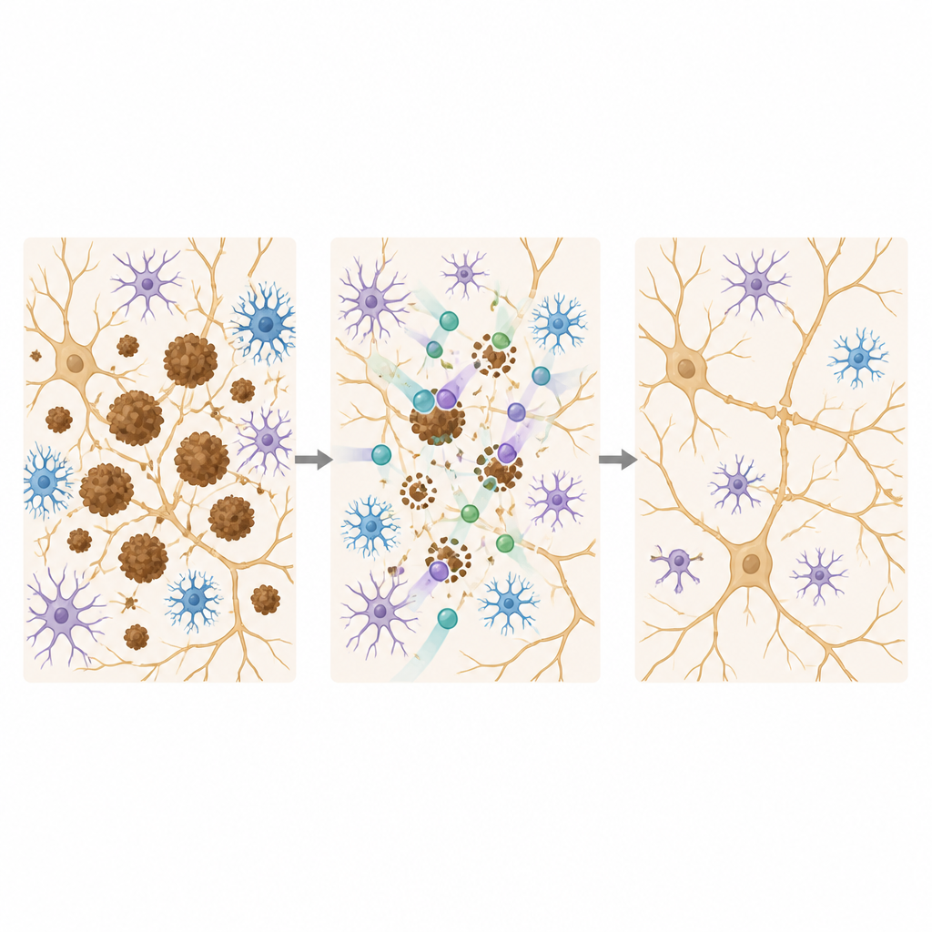 Figure 2. Hormone-like treatment reduces brain protein clumps and calms inflammation to preserve nerve cell connections.