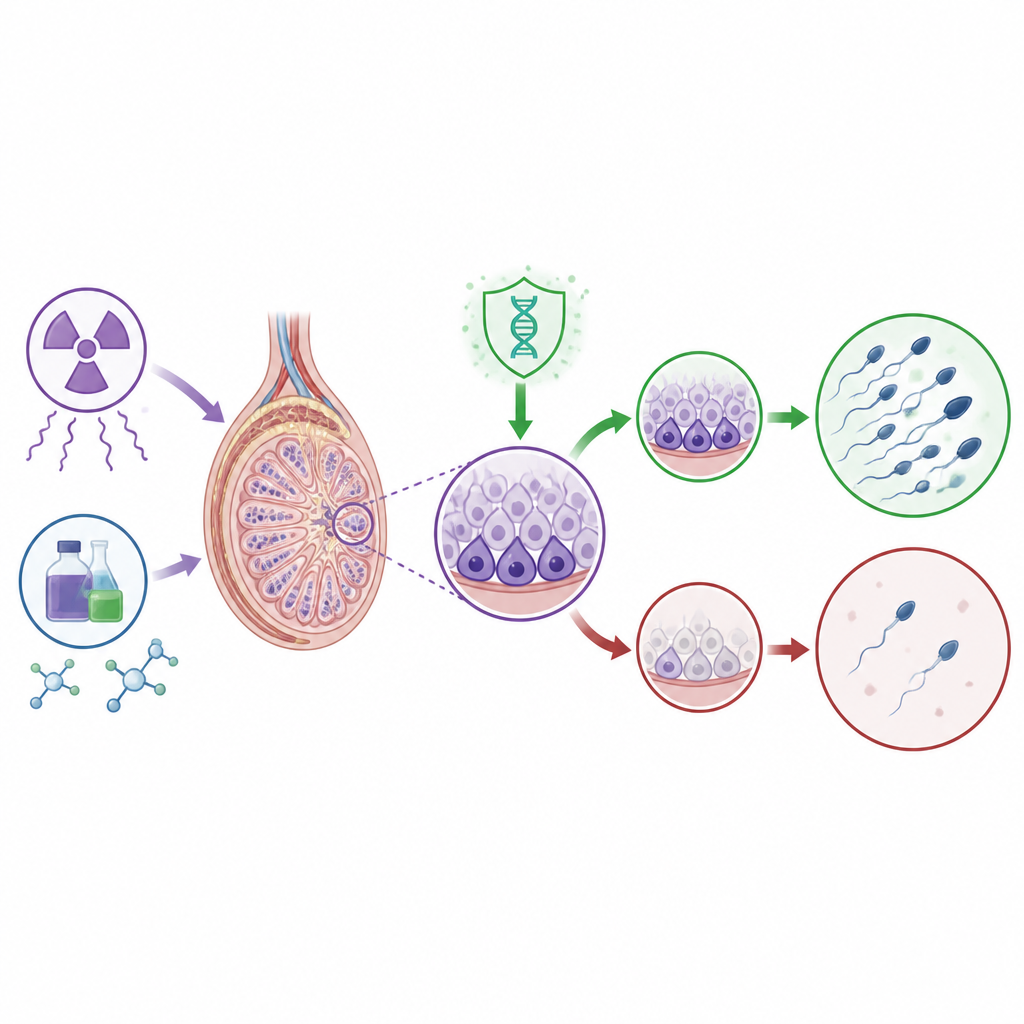 Figure 1. W jaki sposób uszkodzenia DNA i jego naprawa w komórkach macierzystych tworzących plemniki wpływają na wyniki związane z męską płodnością.