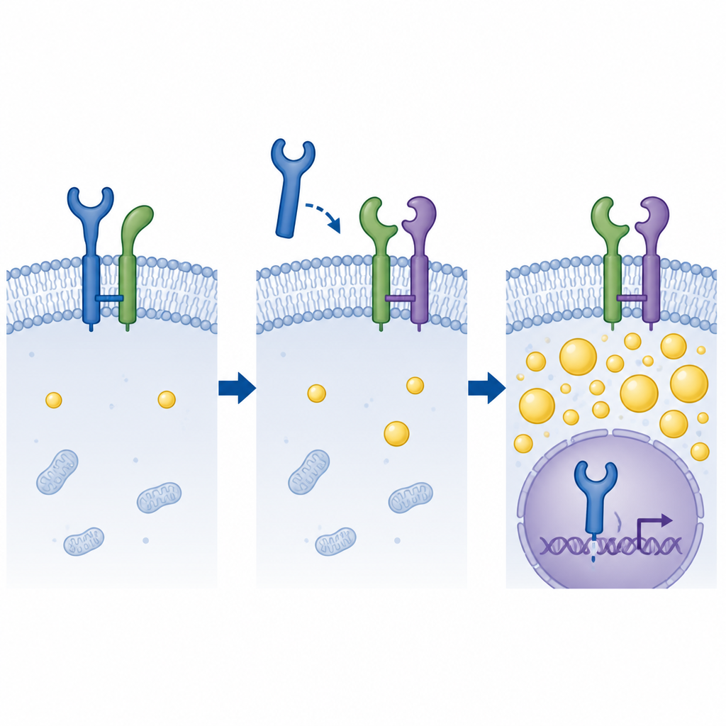 Figure 2. Una competición entre tres proteínas en la superficie celular permite que un receptor de crecimiento entre en el núcleo, silencie las defensas y aumente el contenido lipídico celular.