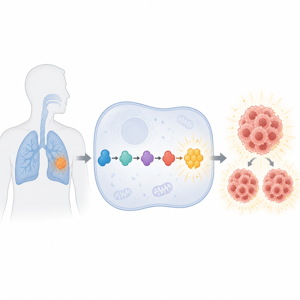 Figure 1. How a hidden protein chain helps lung tumors boost their sugar use and grow faster.