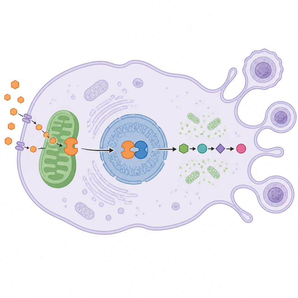 Figure 2. How a sugar-processing enzyme enters the cell nucleus and, with a partner, drives tumor growth.