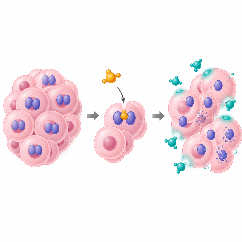 Figure 2. Ein zielgerichtetes Präparat bricht ein stabilisierendes Enzympaar auf, sodass Chemotherapie Brustkrebszellen leichter schädigen kann.