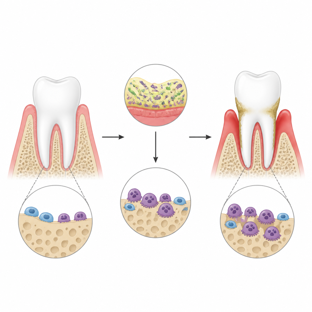 Figure 1. Hoe tandvleesinfectie botcellen verstoort en leidt tot botverlies rond tanden