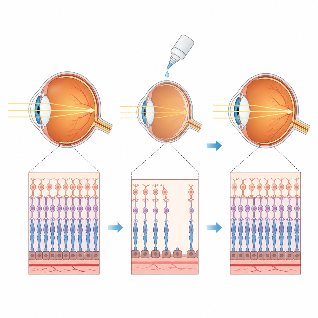 Figure 1. Eye drops delivering a small peptide calm harmful chemical overload and help protect nerve cells at the back of the eye.