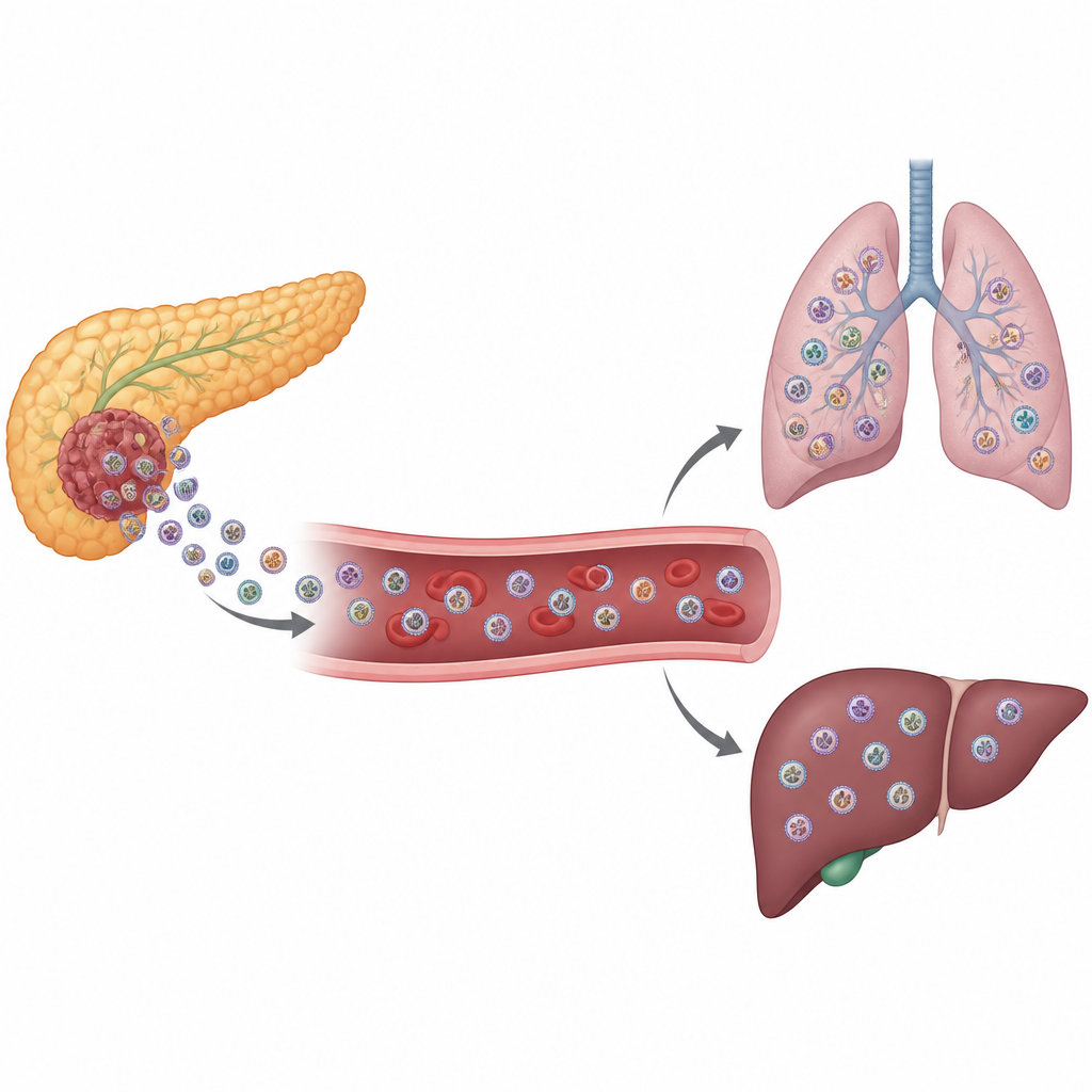 Figure 1. Tiny vesicles from pancreatic tumors travel in blood to lungs and liver and help prepare new sites for cancer spread.