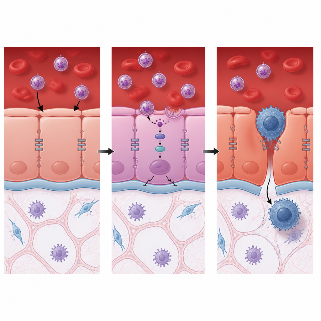Figure 2. Vesicles taken up by vessel walls trigger signals that open gaps between cells, letting cancer cells escape the bloodstream.